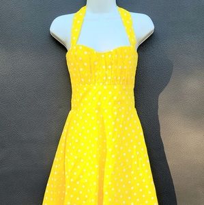 Brand New Bright Yellow & White Vintage-Style Polka Dot Halter Dress Size Small